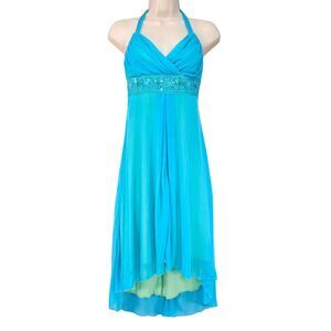 City Triangles Y2K Blue Mesh Sequin Halter Dress Sz S Prom Party Mermaid Fairy